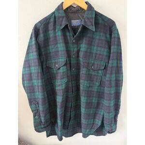 70's Pendleton Wool Black Watch Tartan Plaid Lined Shirt Mens 17 Green Flannel